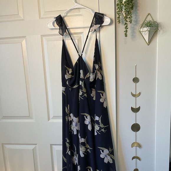 Lulus - Navy and White - Floral High-Low Wrap Dress - Size Large - Picture 11 of 13